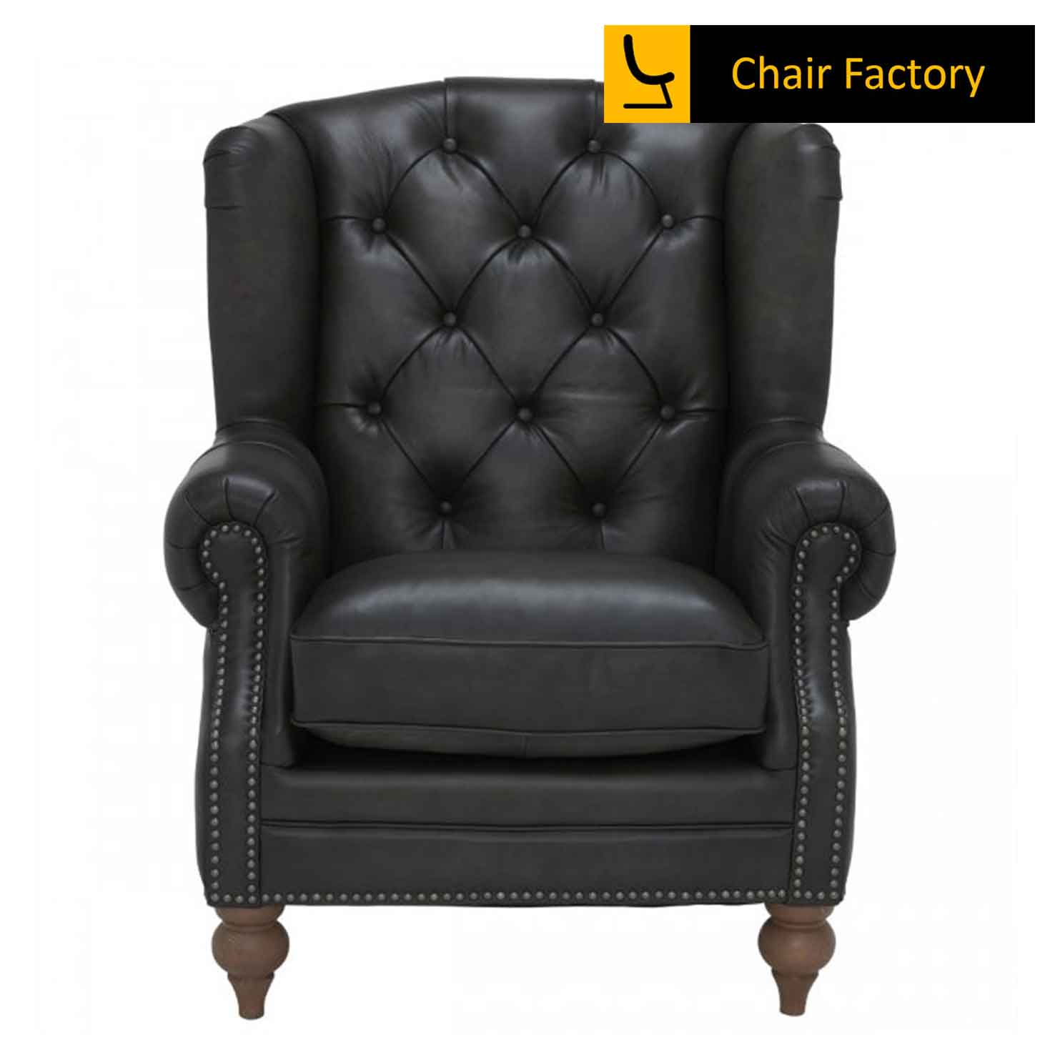 Rozdorf Black Genuine Leather Wing Back Arm Chairs for Living Room or