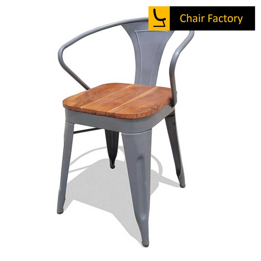 Tolix Chair Replica With Wide Arms & Wooden Seat