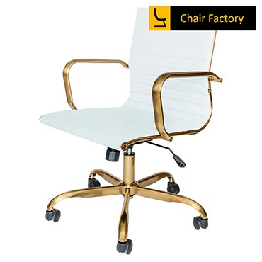 James Single Cushion Mid Back conference Room white leather Chair with gold frame