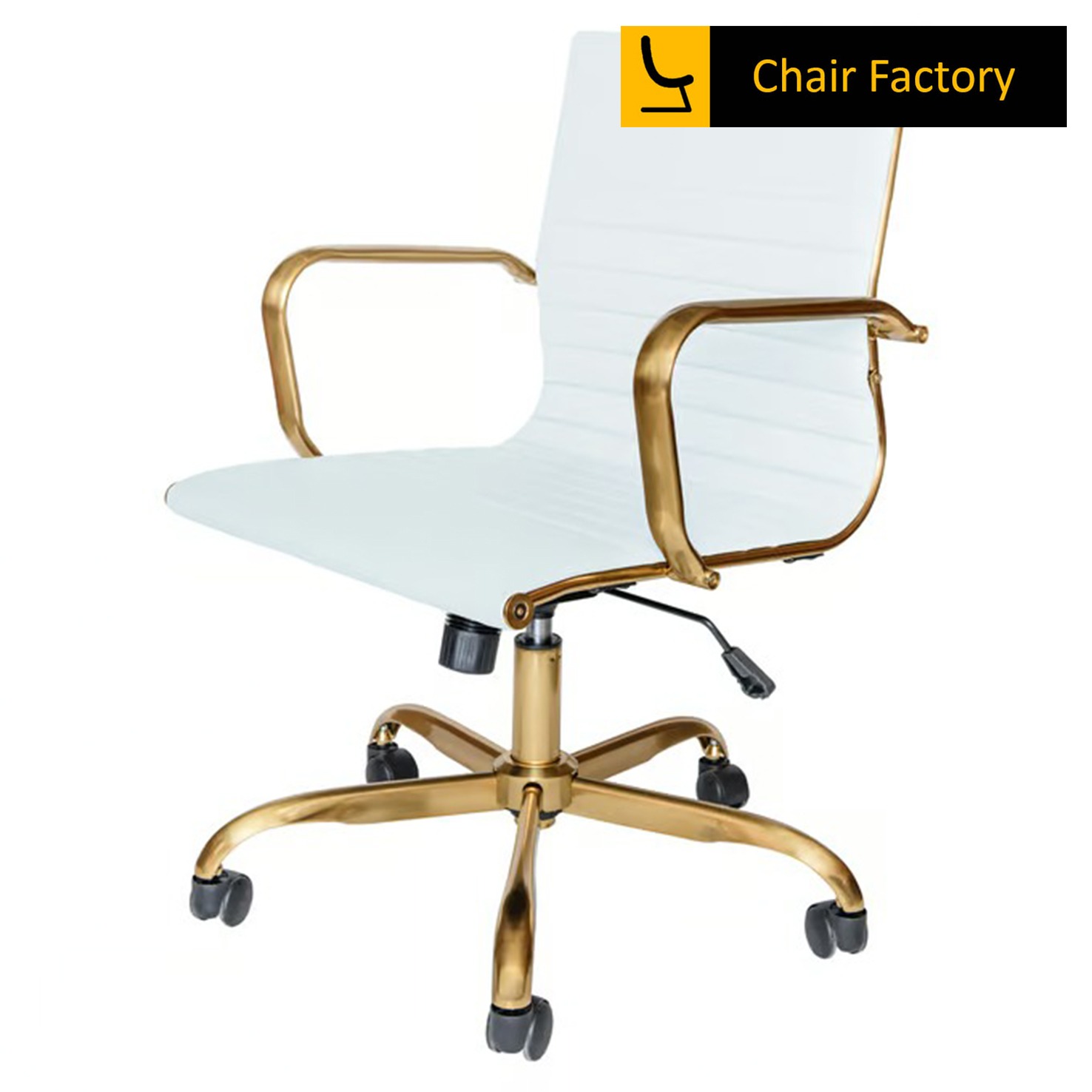 James Single Cushion Mid Back conference Room white leather Chair with gold frame